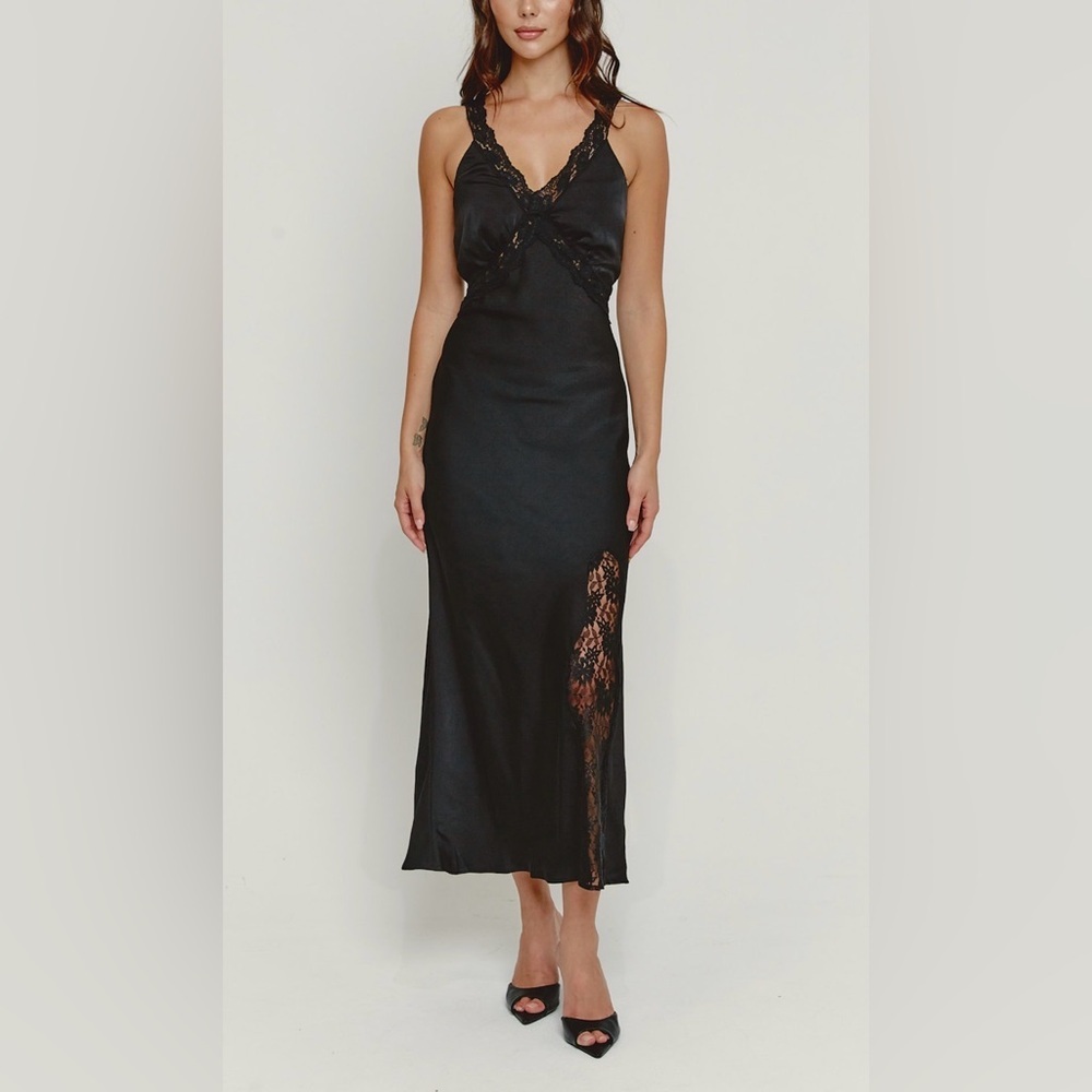Rare London Black Lace-Trim Slip Maxi Dress